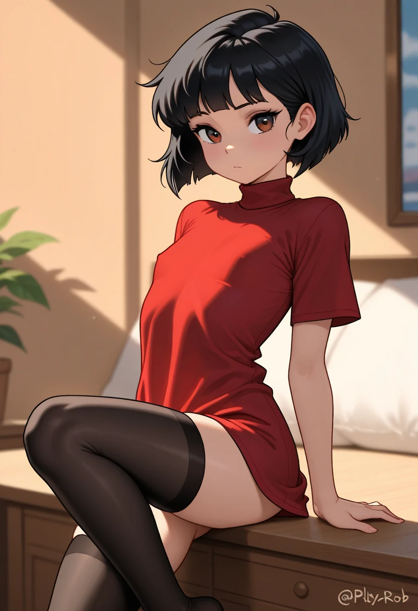 masterpiece, best quality, tight red sweater, black skirt, high heels, sitting, short hair, bangs, looking at viewer