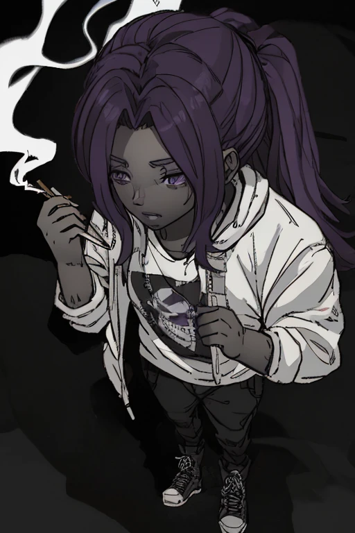 Dark-skinned milf, long purple hair,gothic, tired appearance, eyes with dark circles, smoking, wearing a tracksuit 