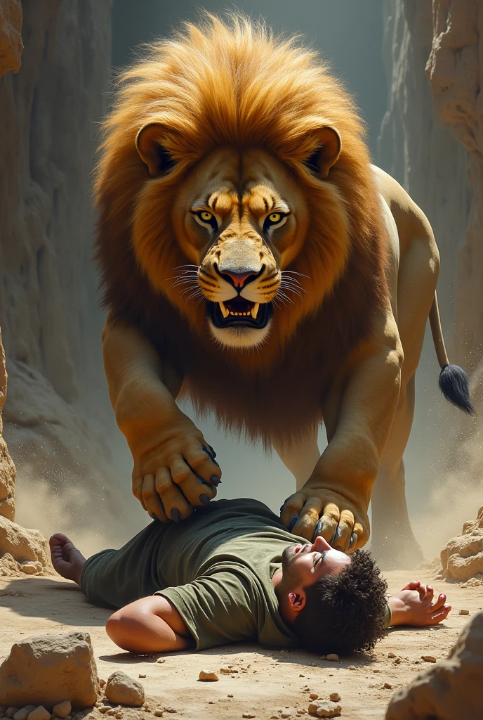 lion eating a man inside the cage
