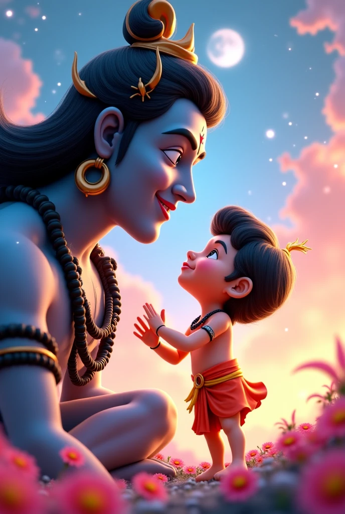 create a 3d image of 20 year old Indian devotional boy who is sitting next to krishna ji and Krishna ji playing the flute, they both sit together on the mountain,boy wearing T-shirt Name “MANISH” written on it, heaven like beautiful view background, peacock dancing,realistic image and boy is in barefoot