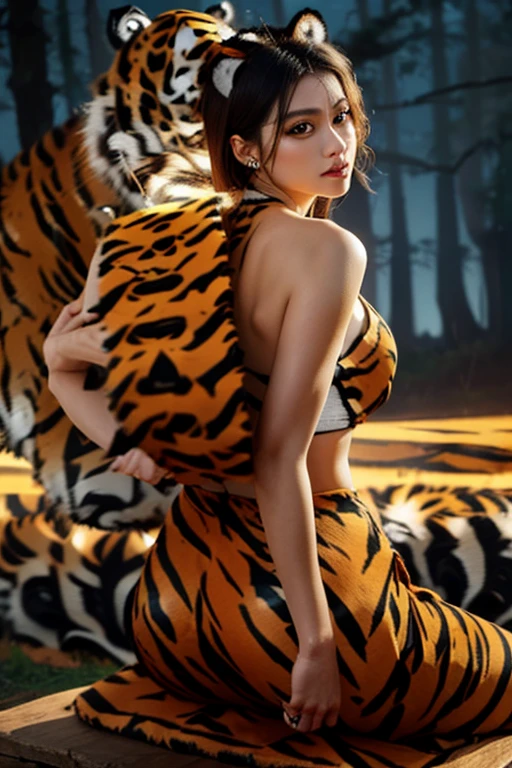 "Create an image of a beautiful American woman in her 20s or 30s. She has long, flowing hair and is wearing a amazon costume. Her body is glamorous with large breasts and a big butt. She has a smiling.The whole body is shown.Among the rivers and mountains.Fighting with a tiger.