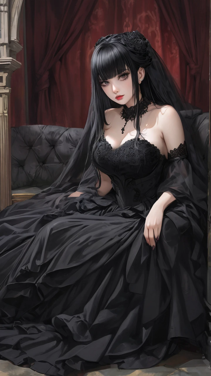 (best quality,ultra-detailed,realistic:1.37),dark,bold,aesthetically pleasing,imposing presence,enigmatic expression,beautiful detailed eyes,long black hair,soft feminine features,ornate chair,gothic vibes,luxurious setting,contrast between black and white,powerful figure,tall and commanding,confident posture,delicate lace details,high neckline,flowing cape,dramatic lighting,subtle shadows,monochrome color palette,classical art style,detailed textures,mysterious aura,strong visual impact
