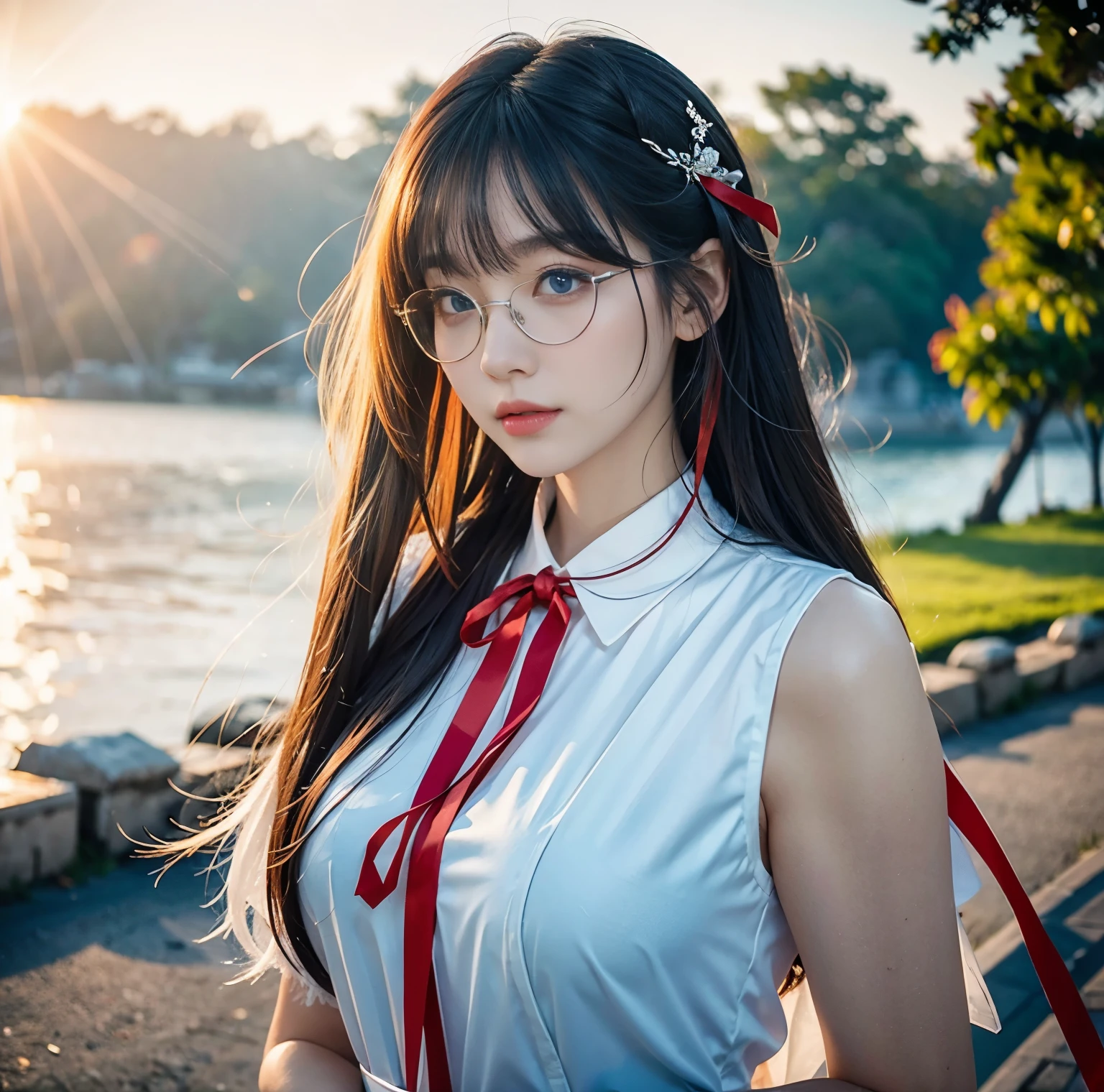 8K quality, pictures, Two beautiful men and beautiful women, Beautiful like a goddess, The backlight of the sunset is so dazzling that the characters are hazy, above chest shot at the ruins, (White blouse with red thin string ribbon tie:1.2), (Fine silver glasses), (Brilliant, beautiful light blue eyes and beautiful hair:1.2), Hair flying in the wind, Whitening skin like white porcelain, Half Up with Bangs,