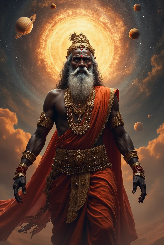 Creating a high-quality image of Lord Vishwakarma with a cosmic background involves capturing his powerful and divine attributes as the architect of the universe and craftsman of the gods. Here’s how the image can be visualized:

**Background and Atmosphere:**
- The backdrop is a cosmic scene with swirling galaxies, stars, and nebulae, representing the vastness of the universe and Vishwakarma’s cosmic influence.
- Soft, ethereal lights illuminate the scene, giving it a mystical and otherworldly feel.

**Depiction of Lord Vishwakarma:**
- Vishwakarma is depicted as an aged and wise figure, seated on a majestic throne.
- He has a serene expression, reflecting his deep wisdom and divine insight.
- Vishwakarma is adorned with celestial jewelry and garments that shimmer with cosmic patterns and symbols, indicating his divine status.

**Symbolism and Artistic Elements:**
- Vishwakarma is shown with four arms, each holding symbolic objects such as a blueprint, a divine tool, a mallet, and a scroll, representing his role as the master craftsman and architect.
- His white beard signifies his age and wisdom, while his attire reflects his status as a revered deity.
- Accompanying Vishwakarma is his vahana, the hamsa (goose or swan), symbolizing purity, creativity, and association with the creator god Brahma.

**Visual Style:**
- The image combines classical Hindu artistic elements with cosmic symbolism.
- Colors range from deep blues and purples for the cosmic background to vibrant golds, greens, and reds for Vishwakarma’s attire and accessories.
- Intricate details are included in the throne and surroundings, embellished with motifs of celestial beings, divine chariots, and architectural designs.

**Overall Composition:**
- The composition emphasizes Vishwakarma’s stature as a cosmic deity and creator, surrounded by the celestial beauty of the cosmos.
- The scene conveys a sense of reverence and awe, capturing the essence of Vishwakarma’s role in shaping the universe and craf