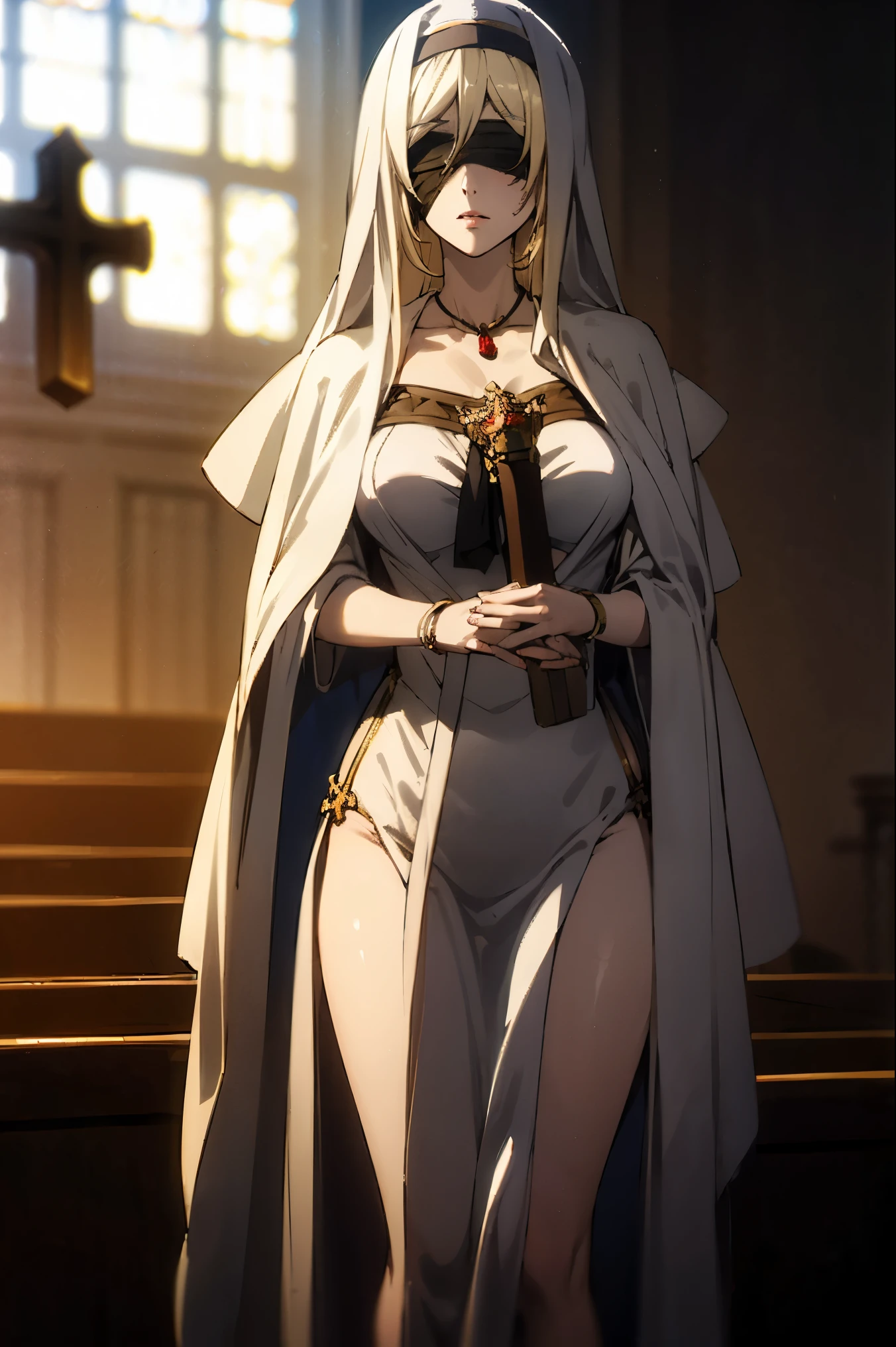 1girl,swordmaiden, sword maiden, long hair, blonde hair, blindfold, (black blindfold:1.2),
BREAK dress, necklace, white dress, sandals, habit,thighs ,
BREAK looking at viewer,
BREAK indoors, church,
BREAK (masterpiece:1.2), best quality, high resolution, unity 8k wallpaper, (illustration:0.8), (beautiful detailed eyes:1.6), extremely detailed face, perfect lighting, extremely detailed CG, (perfect hands, perfect anatomy),