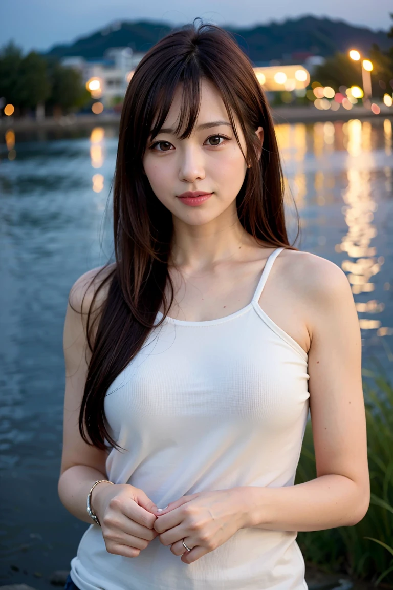 highest quality,masterpiece,32k,realistic,incredibly absurd,Depth of the bounds written、blur background、natural light face focus,perfect female body,Photos of beautiful Japanese women,25 year old girl,standing posture,Ocean,long hair,black hair,Tank top,jeans,Happy,