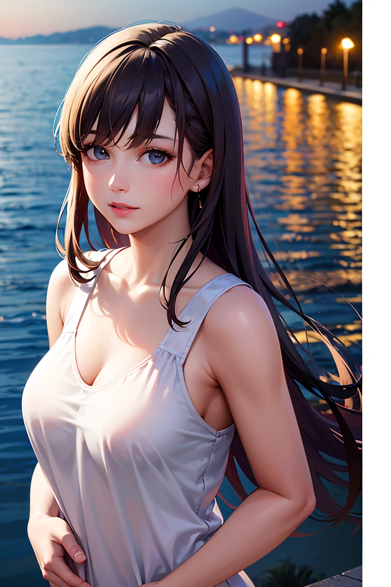 masutepiece, Best Quality, 超A high resolution, (Photorealistic:1.4), Detailed beautiful face, detailed  clothes, Stunning European women, Wearing a tank top, Super Cute, nice perfect face with soft skin perfect face, Gorgeous long ponytail brown hair, 8K resolution,Ultra-realistic,Ultra-detailed,hightquality,  wide vision
