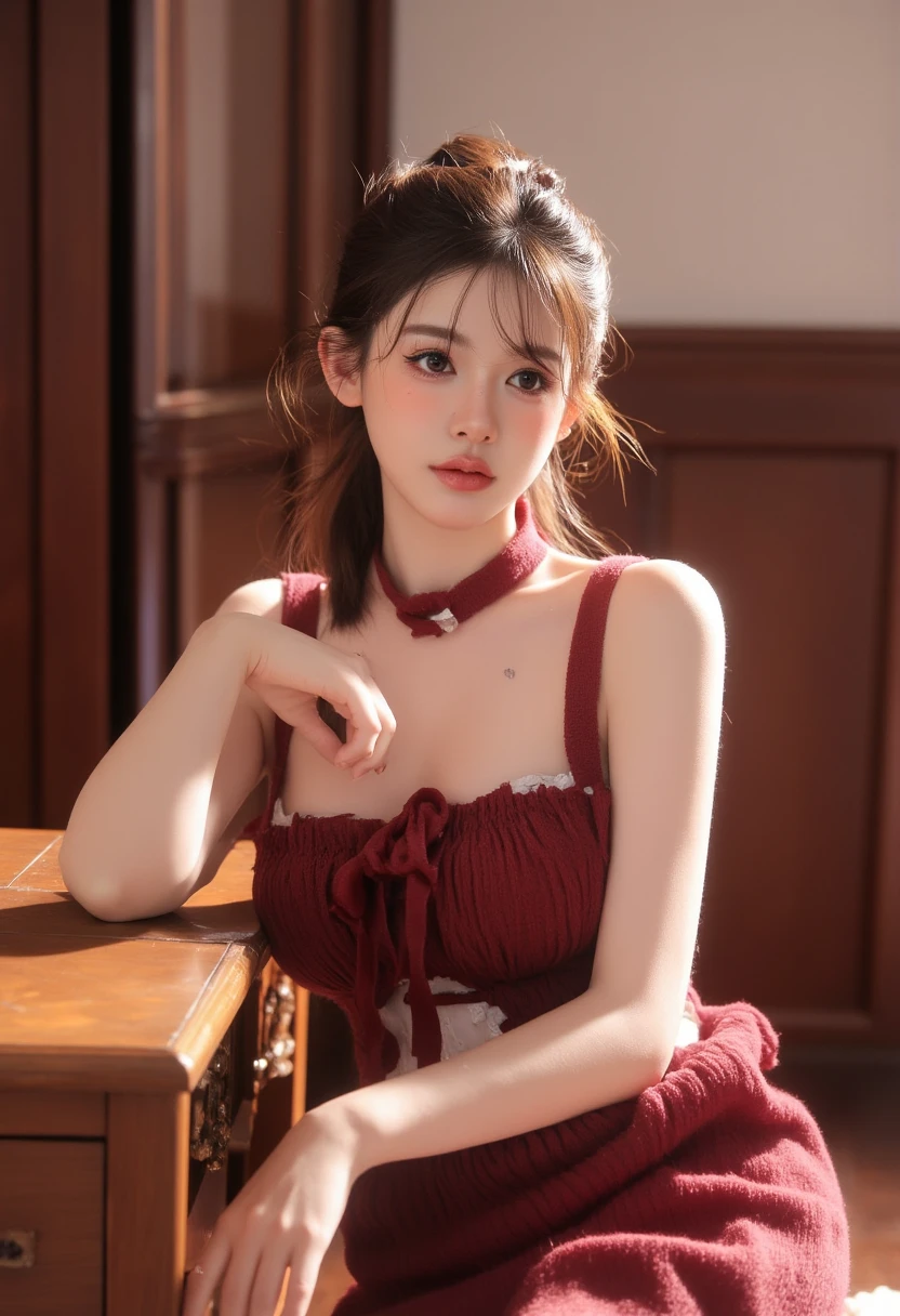1girl, solo, breasts, looking at viewer, blush, smile, open mouth, bangs, medium breasts, brown hair, ribbon, animal ears, hair between eyes, bare shoulders, sitting, nipples, green eyes, tail, :d, thighs, outdoors, pussy, fang, belt, red ribbon, animal ear fluff, neck ribbon, sunlight, skin fang