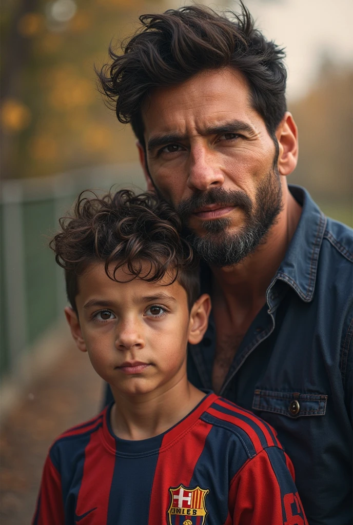 An Italian man in his thirties with green eyes and black hair, holding in his arms his twelve year old son his son has green eyes with curly black hair