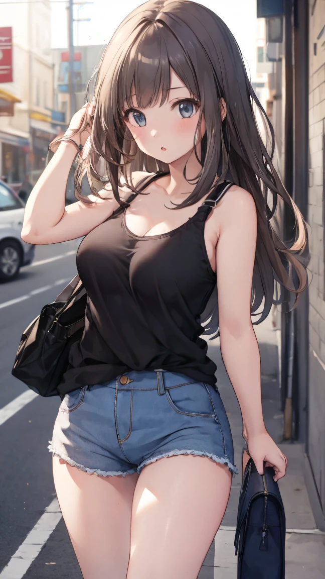 1girl, anime girl, anime, elf girl, 2d girl, 16y, (fullbody), standing, anime elf girl, Elf ears, black eyes, closed mouth, (ahoge, long hair, black hair), ((black latex tank top, cleavage, areolae, areola, areola exposed)), Solo, Slim, medium breasts, medium ,medium Breasts, sfw, Tight Shorts, low waist shorts, upshorts, medieval city background, stars in the sky, looking at viewer, darker shadows, (((explicit))), (((shorts))), (((absurdres))), (((thigh gap))), cameltoe, (((cameltoe))), (((cleft of venus))), (((lowleg shorts))),