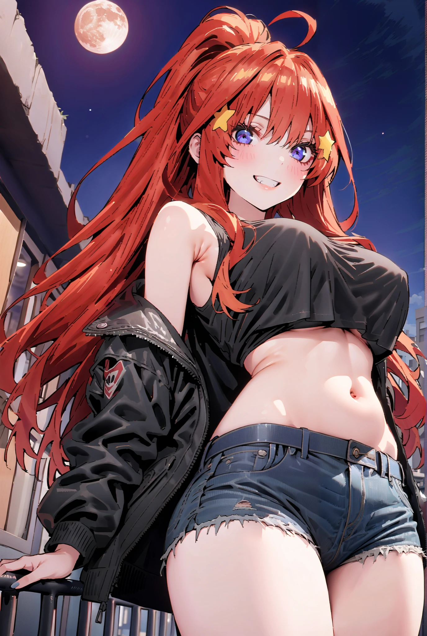score_9, score_8_up, score_7_up, source_anime, 中野美moon, long hair, blue eyes, hair ornament, red hair, glass, stupid hair,star ( symbol ),ponytail, star hair ornament,smile, grin ,, Big Breasts,Riders Jacket,tank top,under boob,belly button stick,denim micro shorts,Bare legs,boots,I have my hands in my jacket pockets,clothed,clothed,Nōn,night,moon,angle from below,full bodyがイラストに入るように,break outdoors,City,
break looking at viewer,full body,
break (masterpiece:1.2),top quality , kampala, Unity 8K Wallpaper ,(shape:0.8),( fine, beautiful eyes :1.6),It's a person ,full body写真,CG Details , (perfect hands,complete anatomy),