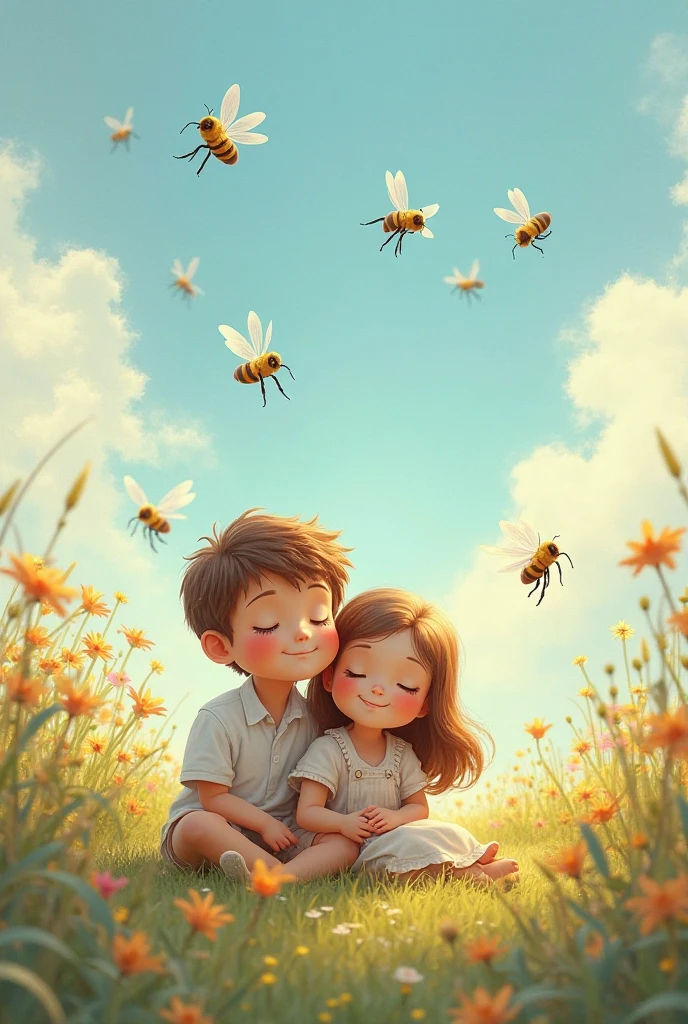 The boy is sleeping comfortably in the field with the girl holding a rose flower