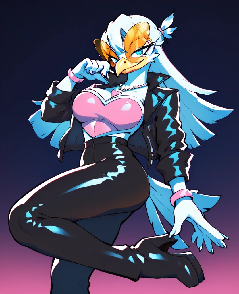 score_9_up, ((adult)), (griphon:1.2), (female, feathers, red feathers), with Center parted shoulder length hairstyle, (wearing half mask, covers the eyes), Top with a zipper, shows stomach, trousers, thigh visible, show legs, scene background