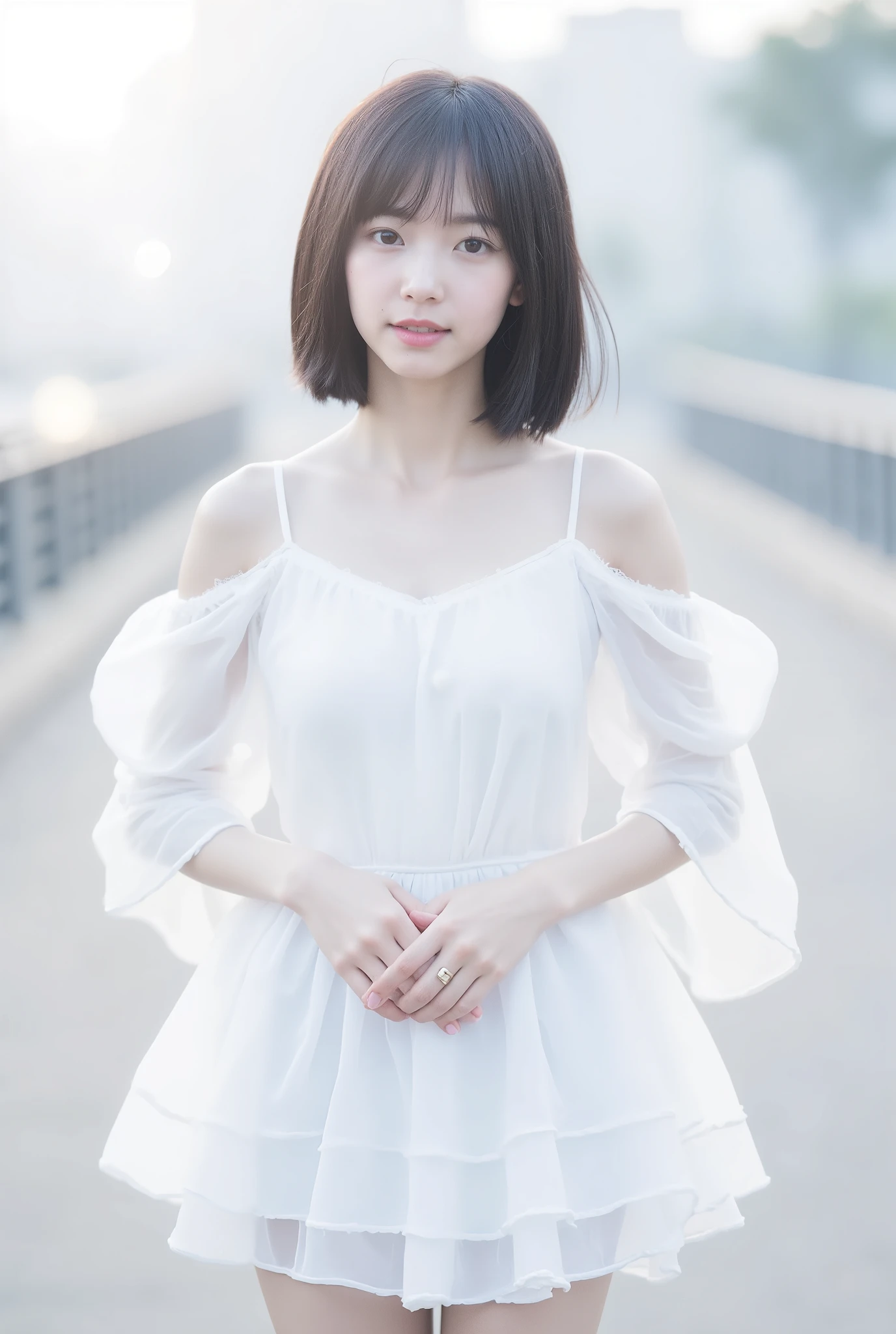 Create an image of a fair-skinned Japanese girl with short-length straight hair stands gracefully in a 'White Cinderella' costume. The composition captures her in a knee-length pose against a blurred background that resembles a white fantasy world, with a distant horizon. Artistic light leaks and chromatic aberration enhance the ethereal atmosphere, all framed from a dynamic angle.