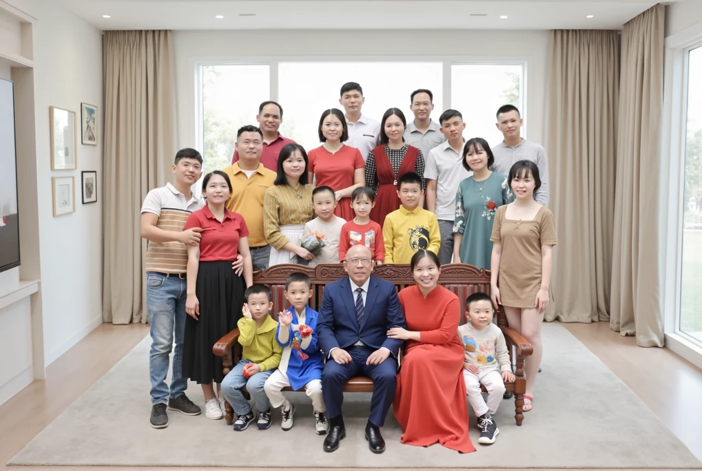 there are a group of people sitting around a table with a glass table top, 4k post, 4 k post, happy family, family photo, ren heng, family dinner, octa 8k, keng lye, # oc, #oc, facebook post, with ivy, hi-res scan, hi - res scan, foto, postprocessed)