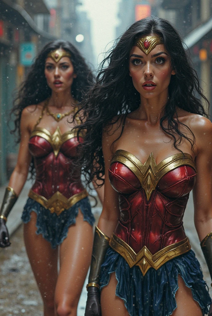 1 girl. solo, single, (front focus), (in the dark:1.6), Hyperrealist portrait of female by david hockney and alphonse mucha, fantasy art, photo realistic, dynamic lighting, artstation, poster, volumetric lighting, very detailed faces, 4 k, award winning, in the dark, deep shadow, low key, Wonder Woman, (intricate details, makeup), (delicate and beautiful delicate face, delicate and beautiful delicate eyes, perfectly proportioned face), (glossy skin: 1.0), delicate skin, strong and realistic blue eyes, realistic black hair, lips, makeup, natural skin texture, tiara, jewelry, stars \(symbol\), Leotard, silver bracelet, red boots, golden belt, (public clothing: 1.5), bare shoulders, slightly sunburned, mature, sexy, toned muscles, (muscles: 1.2), ((strong and healthy body)), ((((more) muscles))), cleavage, long legs, curves, (big breasts: 1.3), ribs, thin waist, soft waist, (delicate skin), (beautiful and sexy woman), (swollen lips: 0.9), (eyelashes: 1.2), very delicate muscles, perfect body, perfect anatomy, perfect details, Perfect fingers, perfect limbs, wavy hair, black hair, smile, ultra detailed skin, ((light tan skin: 1.4)),