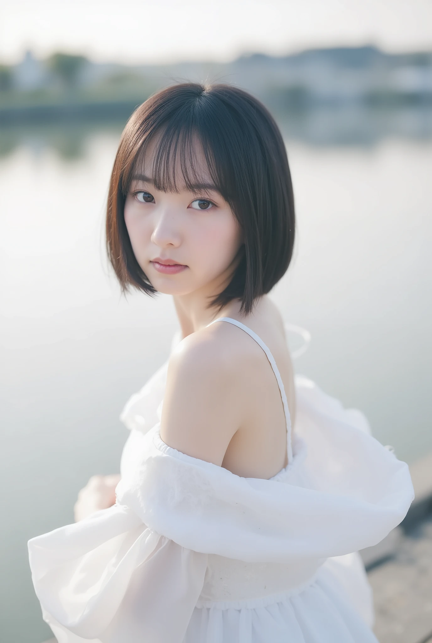 Create an image of a fair-skinned Japanese girl with short-length straight hair stands gracefully in a 'White Cinderella' costume. The composition captures her in a knee-length pose against a blurred background that resembles a white fantasy world, with a distant horizon. Artistic light leaks and chromatic aberration enhance the ethereal atmosphere, all framed from a dynamic angle.