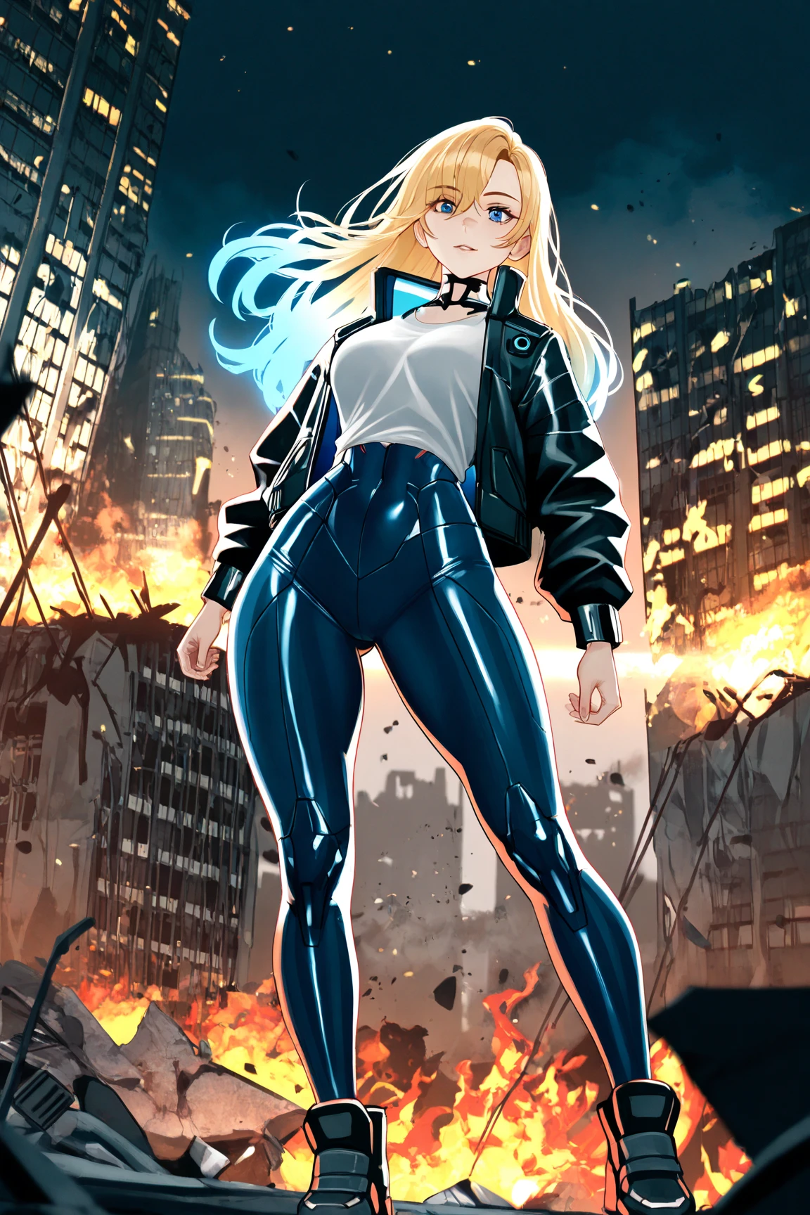 masterpiece, best quality, agrias, grey sweater, black leotard, flying, blonde hair, superhero, boots, space backdrop