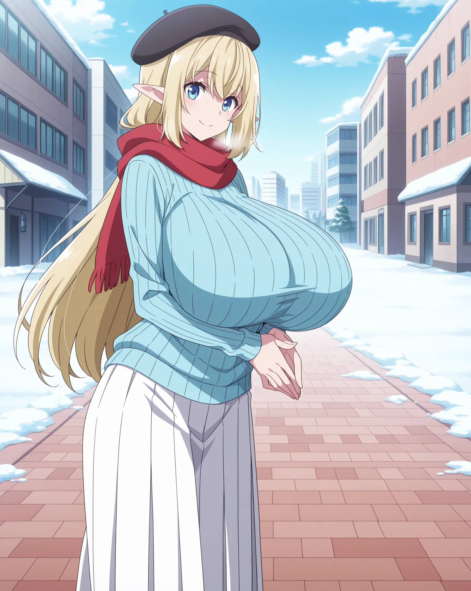 (anime art style), (cartoon), masterpiece, best quality, very aesthetic, absurdres, minamifuyuki, ((1girl)), blonde hair, long hair, sidelocks, ahoge, blue eyes, big breasts, scarf, red scarf, cleavage, bra, brown boots, fluffy boots, grey miniskirt, smile, ((feet out frame)), (from front), (snowy), (standing), (looking at viewer:1.0)