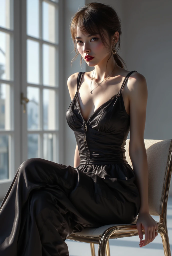 (best quality, masterpiece:1.3), (actual, photo actual:1.3), ultra high resolution, ultra high definition, Extremely detailed CG unified 8k wallpaper, (actual skin, Delicate skin), (perfect anatomy), (official art, Beautiful and beautiful), (generous smile:1.3), (seductive face:1.3), (korean woman:1.3), alone, depth of field, bedroom,(big breasts:1.1),(cowboy shot:1.5),(black nightgown:1.1), (curvy hips:1.1), (collar), (naturally look at camera:1.3), (blunt bangs:1.5)