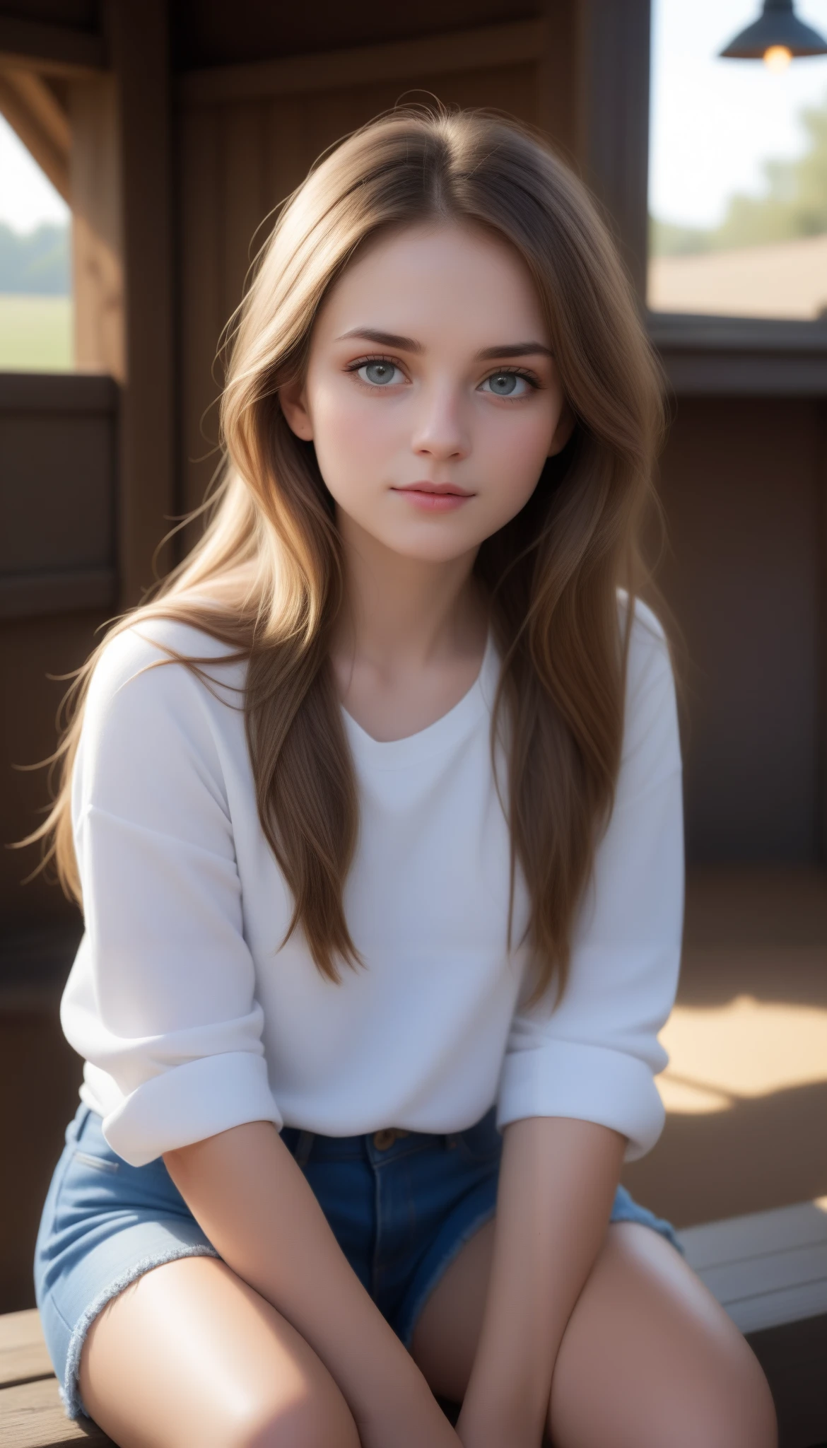 A little cute girl, freckled face, sitting in a barn, wearing blue ripped jeans shorts and a white dirty shirt, with messy long hair, in the morning light, beautiful and cute face, (best quality,4k,8k,highres,masterpiece:1.2),ultra-detailed,(realistic,photorealistic,photo-realistic:1.37),HDR,UHD,studio lighting,ultra-fine painting,sharp focus,physically-based rendering,extreme detail description,professional,vivid colors,bokeh,portrait,natural light,warm tones,cinematic lighting