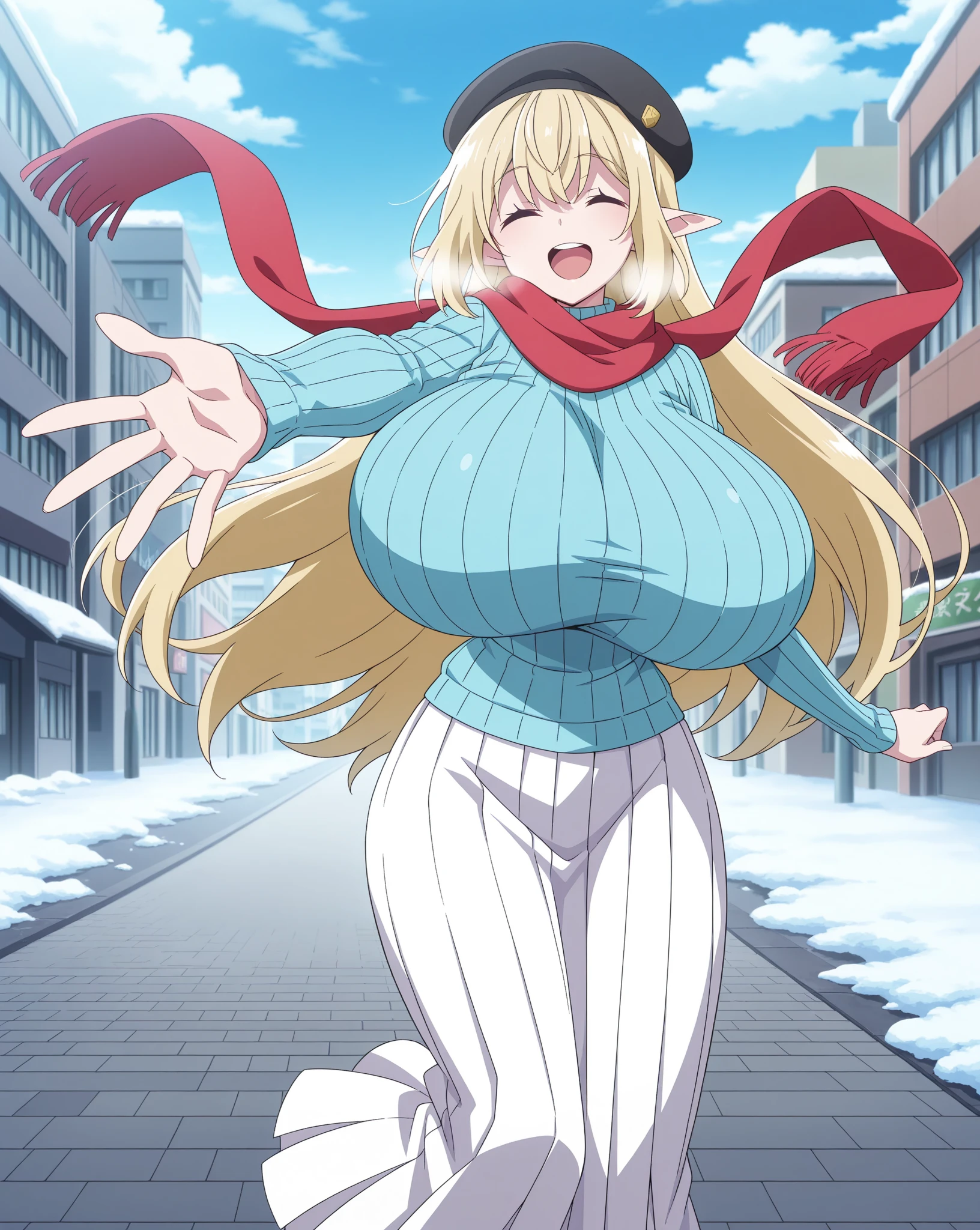 gigantic breasts,bursting breasts,cleavage cutout,cute smile,shy,one eye closed,cosplay as Mii giantess,walk around city