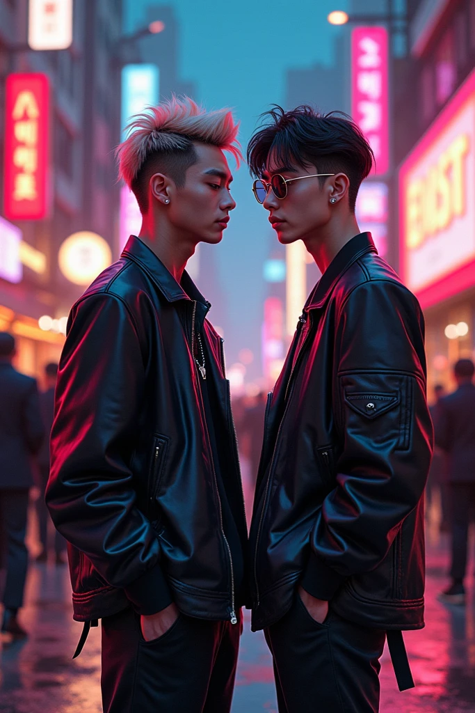  interracial homologation couple, 1 Hot Korean man with defined pink hair, black  jacket with white hair open shirtless , tight black pants, front view, K-idol, hot , sexy , k-idol bdsm , BDSM,  black man nerd  , street club, masterpiece  