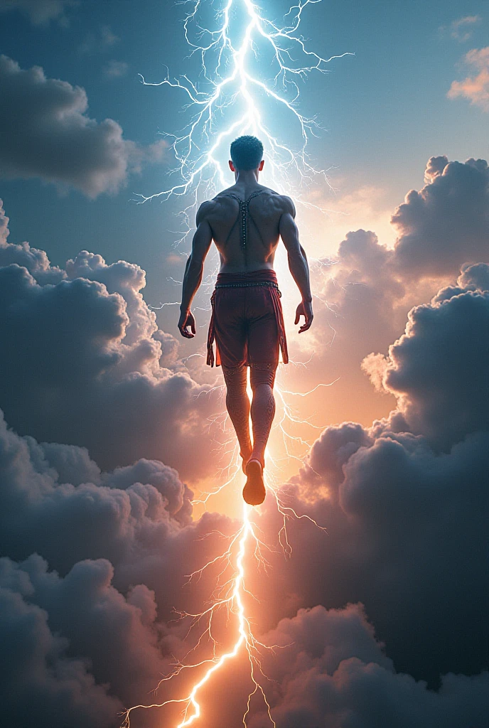 A male volleyball player in the air spiking a volleyball and lightning bolts coming out of it when he hits it. image from above