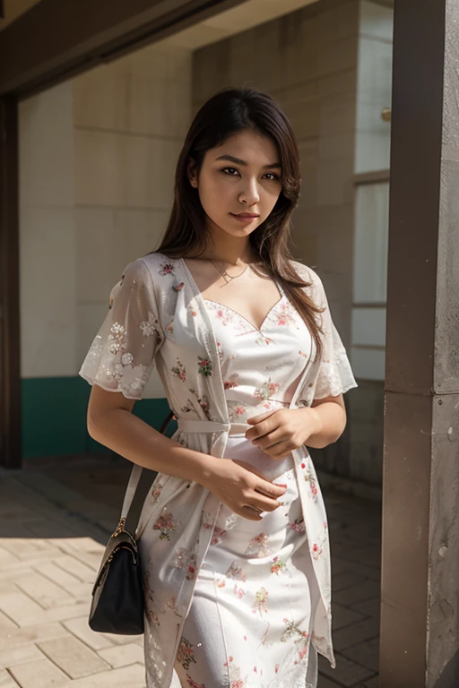 beautiful young woman face thai, Bangs, Modern Thai dress with bright colorful lace pattern.