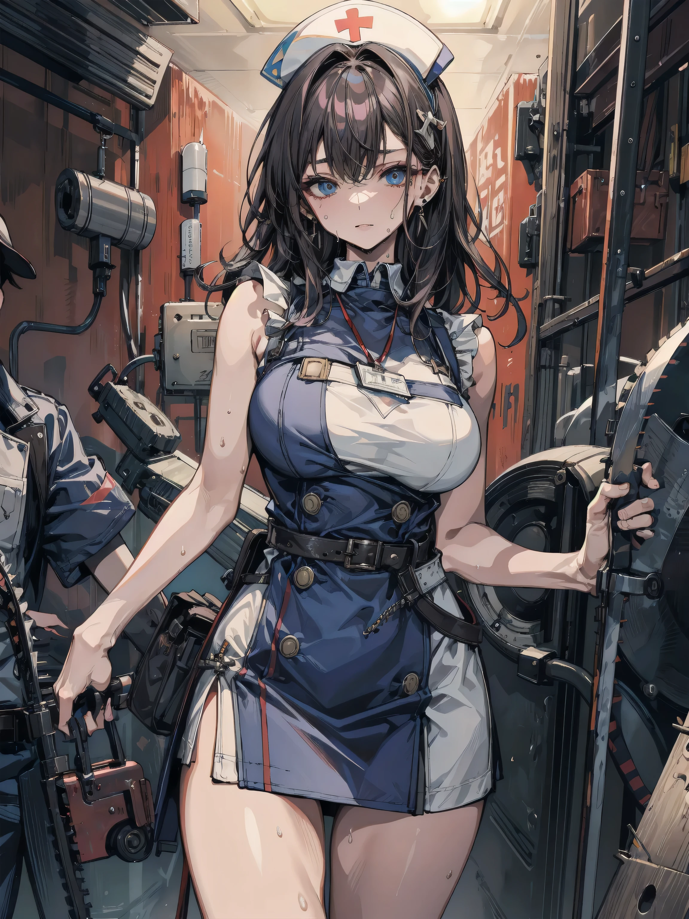 Absurd resolution, High resolution, (masutepiece: 1.4), Hyper-detailing, Young woman messy black long hair glasses welder dresses up, Highly technical robotic arm workbench、big round glasses、huge-breasted,large boob、Ultramammy、bbw、Large Thigh、tiny girl、short in stature、A 12-year-old girl