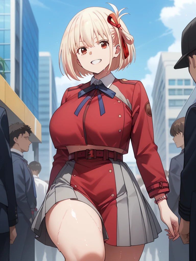 masterpiece, Highest quality, 1 person,( Large Breasts,Are standing, View your audience,),Detailed Background、A person who writes in detail、Accurate human body、Knowledgeable person、Accurate 5 fingers,Mature Woman,Thighsが太い,Cruby Body, Nishikigi chisato, bob cut, hair ribbon,cyclone \(for once\),Long sleeve、Thighs、alone,((lycoris uniform, two-tone dress, red dress, grey dress, neck ribbon, long sleeves,)),((zettairyouiki)),TranT, (train interior), netorare, chikan, grabbing, hetero, pussy juices, molestation, public indecency, public use, fingering, 2boys, faceless male, assisted exposure