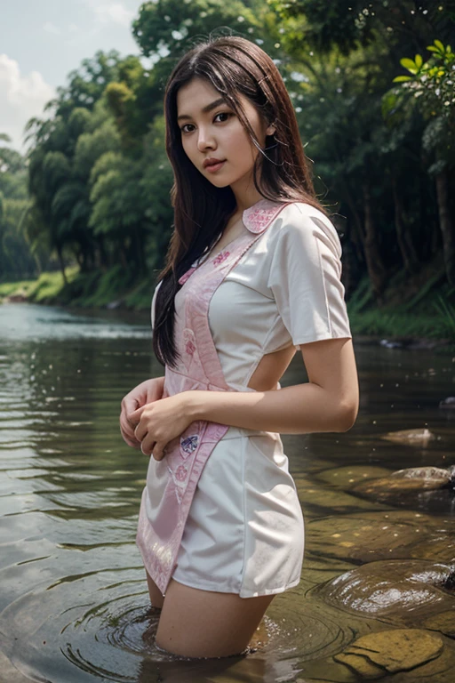 (masterpiece) (best quality) (detailed) (4k) (high resolution) (bokeh) javanese girl , wearing traditional dress , white panties , walking through the rice field