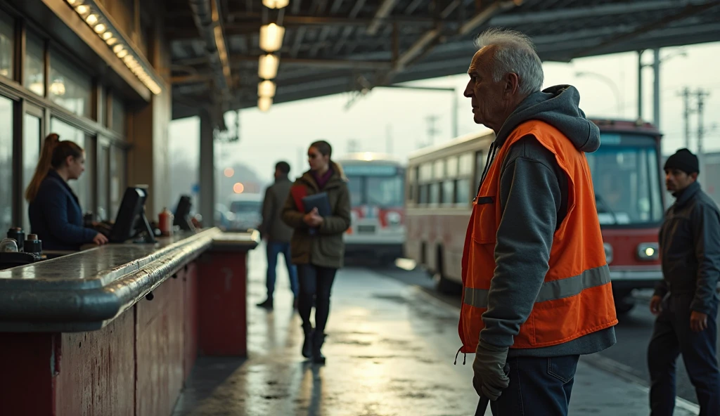 Three men in rain gear stand on the platform next to the train, pintura hiper real, alexey egorov, ultra-realistic realism, still from a wes anderson film, hyperrealistic painting, ultra-realistic realism, alex andreev, atey ghailan and steve mccurry, Hyper-realistic painting, still from a wes anderson film, photograph taken in 2 0 2 0