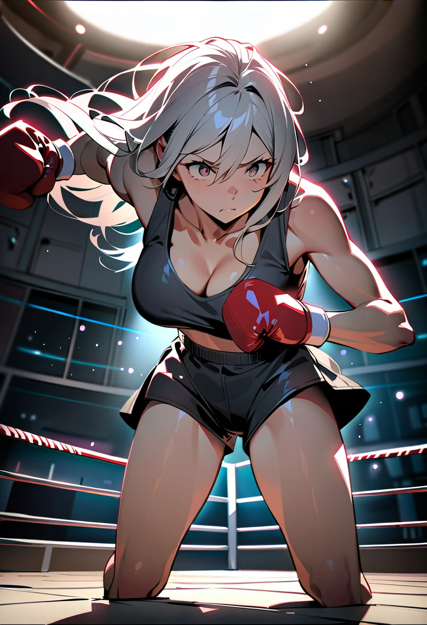 1womanl、boxing、fists up、short-haired、White hair、Sportsbra、spats、Highly exposed、frontage、