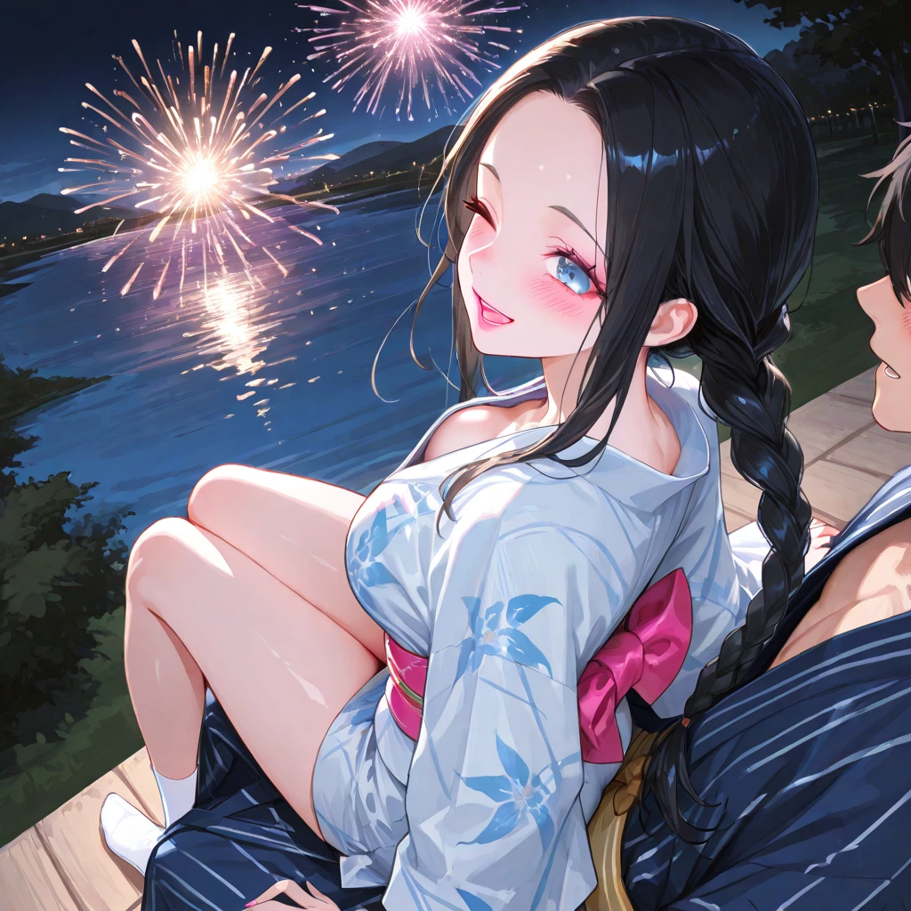 ((Highest quality))、hyper detailed(masterpiece),(deep shadows),email, (16 year old beautiful girl),swept bangs(colored inner hair black hair + pink inner hair),White scrunchie,eyes wide,BREAK Blue eyes BREAK , smile,email、anazuna, two side up, multicolored hair,perky 、grabbing anotherbreast、,(mople女1people(french kiss),(cowgirl position:1.2)girl on top、,X m,,,in the ocean, in the sky, Sandy Beach,with fireworks, at night, motion blur,