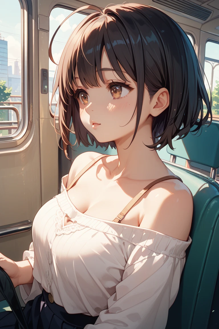 (Highest quality, 8K, 4K, High resolution, masterpiece:1.2), Very detailed, Anime Style:0.9, Realistic, Bright colors, Written boundary depth, Blurred Background, alone, 1 female, (Long Black Hair, Cut straight、Straight bangs, Dark brown eyes), Beautiful facial details, Beautiful Eyes, Long eyelashes, Soft lips, (Small face), (smile:1.3), Rear View, ((T-Shirts:1.2, )), No bra, Erect nipples, train, (Sit with your legs apart), Lace Underwear, Big cleavage, Expressions of ecstasy, Sweat, Blushing, My body is soaked, Wet Panties,