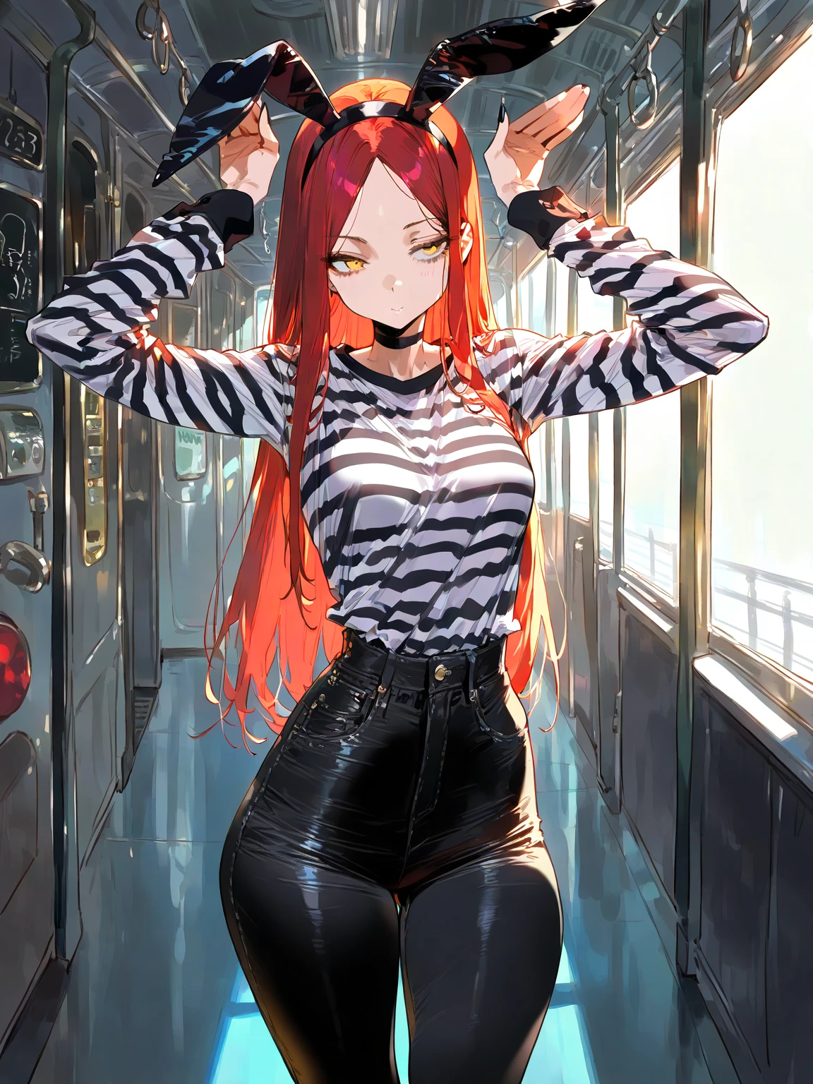 a scared and embarrassed redheaded woman, hair in a ponytail, her bright eyes super detailed, full lips painted red, chiseled physique and wide hips. She wears a closed black leather jumpsuit, whose shiny surface accentuates her shape. A windbreaker with a hood and a neon pink interior covers your shoulders and a pleased skirt. Walking down a busy street, she attracts glances from onlookers. This image exudes realism, capturing the essence of a fragile and embarrassed figure. Digital art, high definition and photorealistic technique