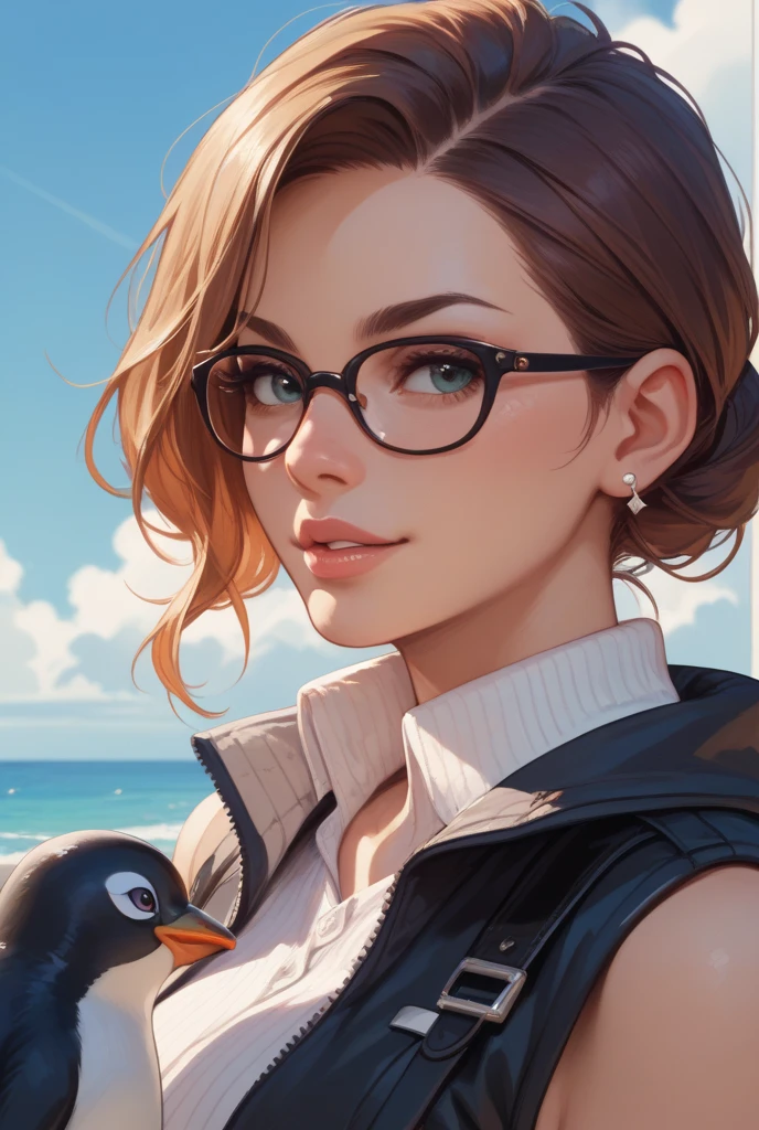 (a mature woman:1.2)| (a girl:1.1), light skin, makeup, modern style, direct look, contoured, beach background, curly hair, glasses, smirk
