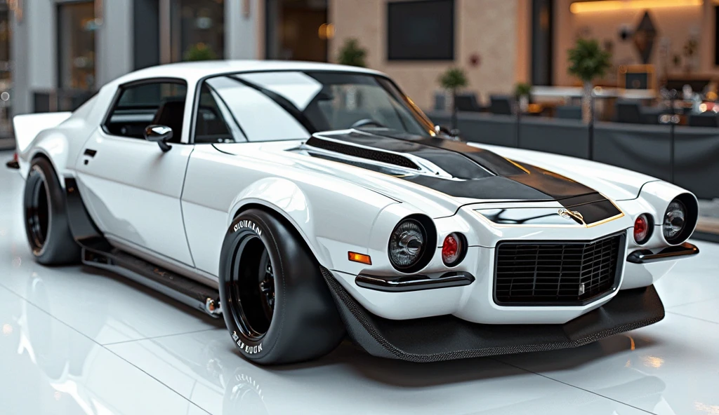 create an ultra-detailed 3D render close ( back bumper ) view, of a modern 1971 ( 1971 Chevrolet Camaro resto mod ) with a bold designy  looking long like limousine captured from close ( front bumper ) view. The car should feature a 'Gleamy oily metallic ( White ) ' color and black accents with a ' ( 1971 Chevrolet Camaro resto mod ) logo on its ( back bumper ), a large white detailed grille like rolls royce spectre, black alloy wheels and sleek  red fog backlights. The body should be wide and expanded in glossy black, captured in an ultra-detailed, glossy, shining image from the ( front bumper ). The car should have a black plate with ' Karmann on it, set in a bright, glossy luxury showroom with white gleamy floor. The image should be ultra high-detailed and shiny. The car should be fully modified with shiny, glossy details, rendered in high resolution, as a masterpiece in UHD, potrait in same accents