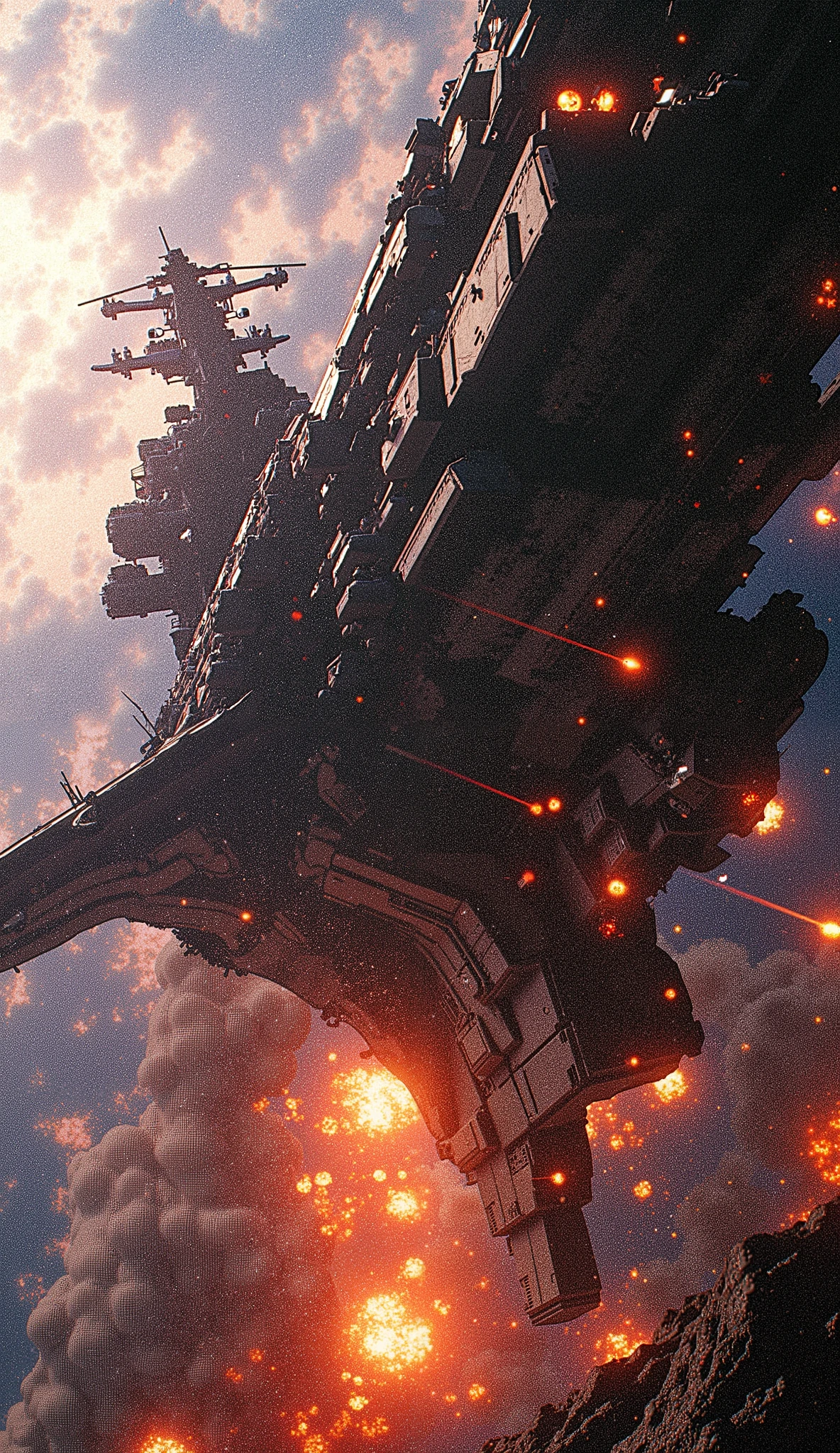 top quality, Super quality, 16k, unbelievably absurd, very detailed, Yoshiki Tanaka's masterpiece, outer space, Legend of the Galactic Heroes, Yoshiki Tanaka's masterpiece, outer space, Legend of the Galactic Heroes, Space Battleship, Space Battleship destroyed by enemy fighter heavy attackk