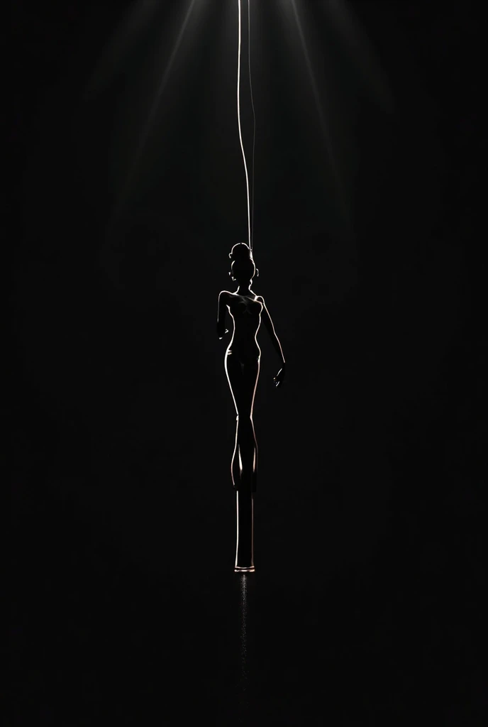 **Digital painting of the full-length silhouette of a beautiful and beautiful transparent glass model, reflecting the white ambient light, emphasis on her serene expression, faint white, soft shadows playing on her features, very intense and dark black background that contrasts and accentuates the crystal model's beautiful silhouette, detailed hair with discernible individual strands. Capturing light and texture, high resolution, ultra-realistic.**