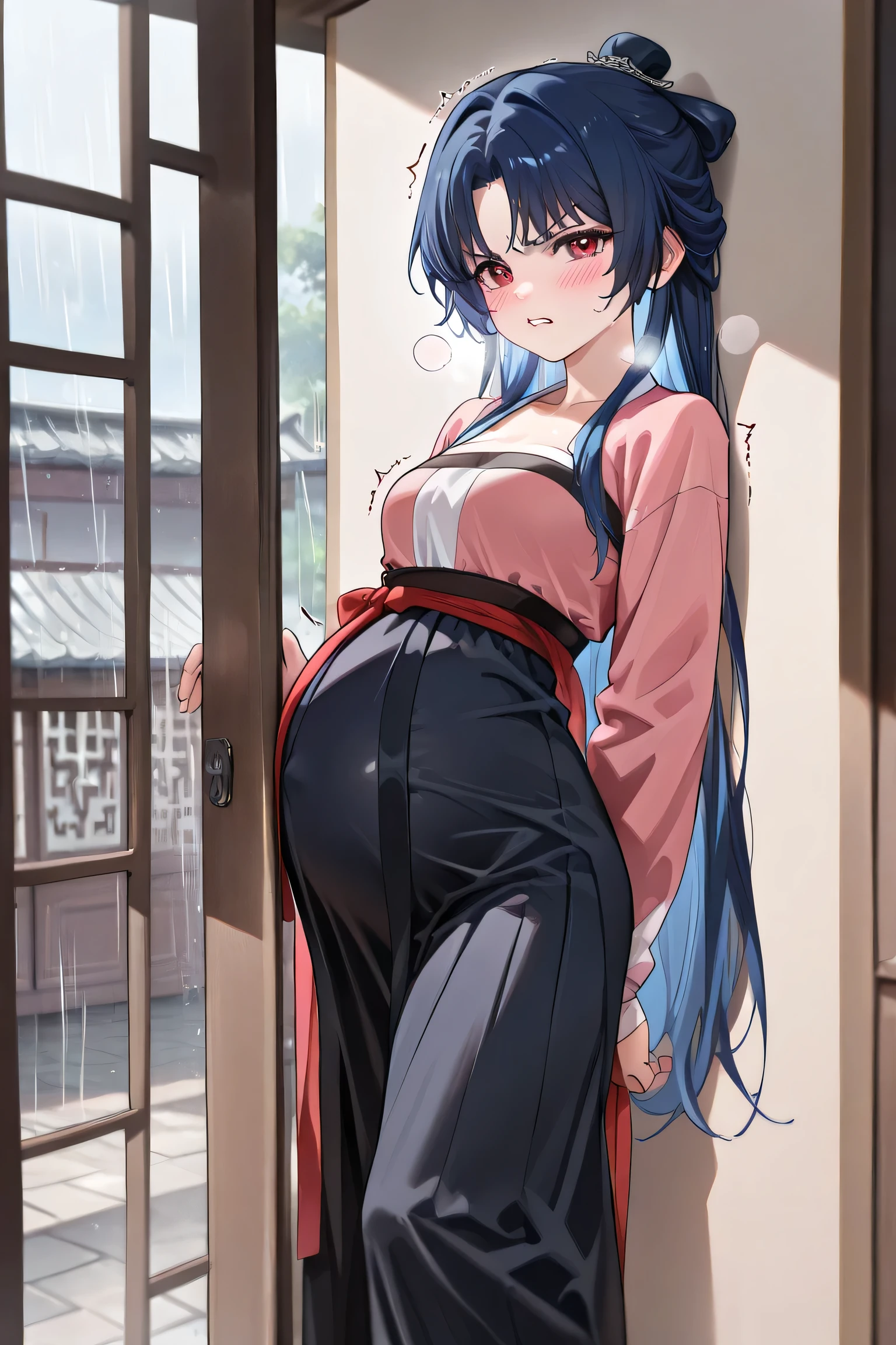 (Best quality, 4k, 8k, high resolution, masterpiece:1.2), ultra detailed, intricate details, beautiful girl, long blue hair, red eyes, bangs, small-medium breasts, perfect smooth skin, head tilted, Hanfu, Maxi skirt, dressing up modestly,, long blue hair, looking at viewer, standing, at front door, Alone, raining outside, at abandoned Chinese temple, Leaning against the wall, one hand on walls, bite lips, angry face, trembling, dirty  temple:1.0), (hanfu Hover pussy:1.5), (blush:1.0), heavy breathing, (Pregnant:1.2)