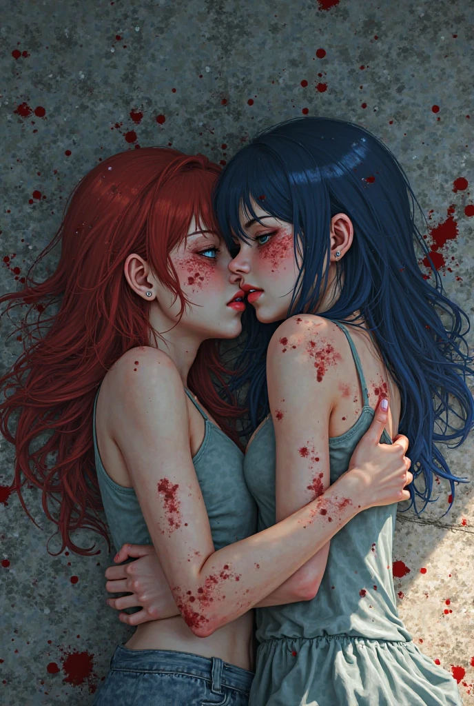 Drawing of a green haired woman smirking and hugging a crying black haired woman with a bloody background