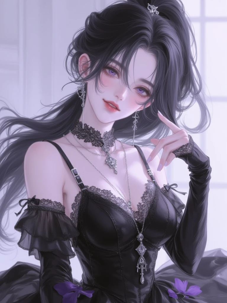 highest quality, figure, White thighs, Beautiful hands on hips, Smile Very detailed, Fine details, High resolution, 8k wallpaper, Perfect dynamic composition, Beautiful and delicate eyes, Natural lip shape,
(masterpiece, highest quality:1.2), (8K Ultra HD, 16k, 32k, 超High resolution), (Realistic:1.37), (RAW Photos), Ultimately realistic, Ultimately realistic details, Ultimately realistic texture, Ultimate in exquisite detail, Ultimately realistic lighting, Ultimately realistic shadow, Japanese Girls, 24-years-old, Extremely cute face, Ultimate RAW Skin, Ultimate Eye, In a field of tall grass and flowers、Woman standing in gothic style smiling. she長い間, With wavy black hair blowing in the wind、Light makeup with a little dark lipstick. she、She is wearing a sheer black blouse with intricate lace detailing and a deep V-neck。, Pair it with high-waisted dark pants. sheぶら下がるイヤリングと重ねた銀のネックレスで飾られている. This scene is soft, Warm glow on blurry background, Emphasizing the feminine and graceful presence in a natural setting