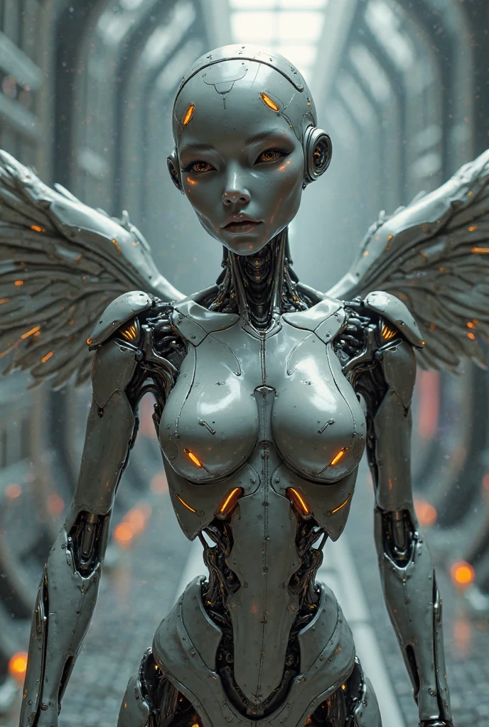 Robot, female robot, airplabe wings, looking at viewer, wide hips, hands on hips