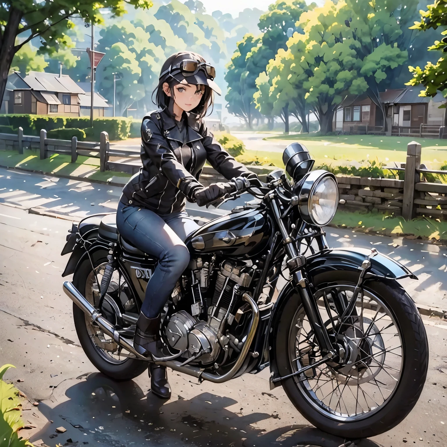 Bluff Superior SS100、(クラシックcocky pose )、(Vintage Bike、Bluff Superior SS100)、Isle of Man Race、 (cocky pose:1.2), A BEAUTIFUL YOUNG WOMAN、18 years old、beautiful face, beautiful and delicate eyes, black hair, SHORT BOB, classic leather jacket、Cronwell Helmet、With goggles、after the rain、British countryside、 Detailed Explanation、(top quality, masterpiece, high resolution)、8k、wallpaper