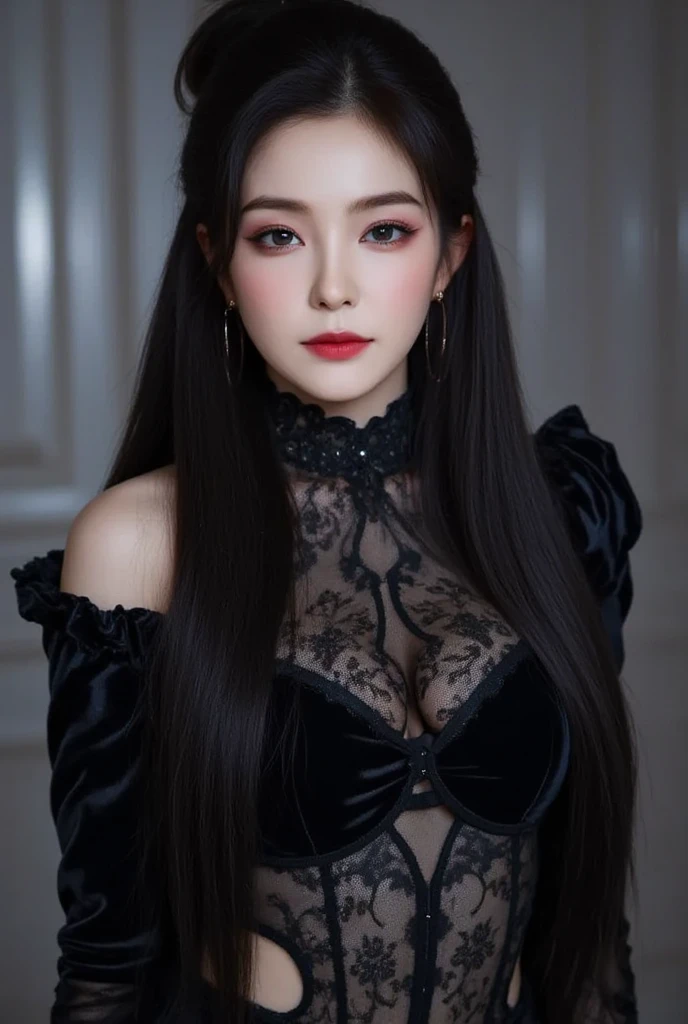A girl around 18 years old,Pale skin,long hair, Black hair. big、Black eyes , With a strong and mysterious expression. Dressed in orphan clothing style, More elegant and refined, Something that matches her mysterious and strong personality. comprehensive, Her presence will attract attention, Attract curious and inquisitive eyes. flat chest, movie lighting, Chromatic Aberration, Backlight, masterpiece, High Detail, high quality, 4k.(breasts_grab,povhands,povbreastgrab)