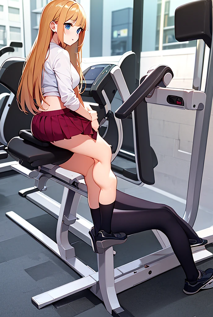 sneakers, (whole body), pantyhose, straddling to hit her crotch on the training machine edge, open legs, raise leg, masturbation, ecstasy face, at a gym
