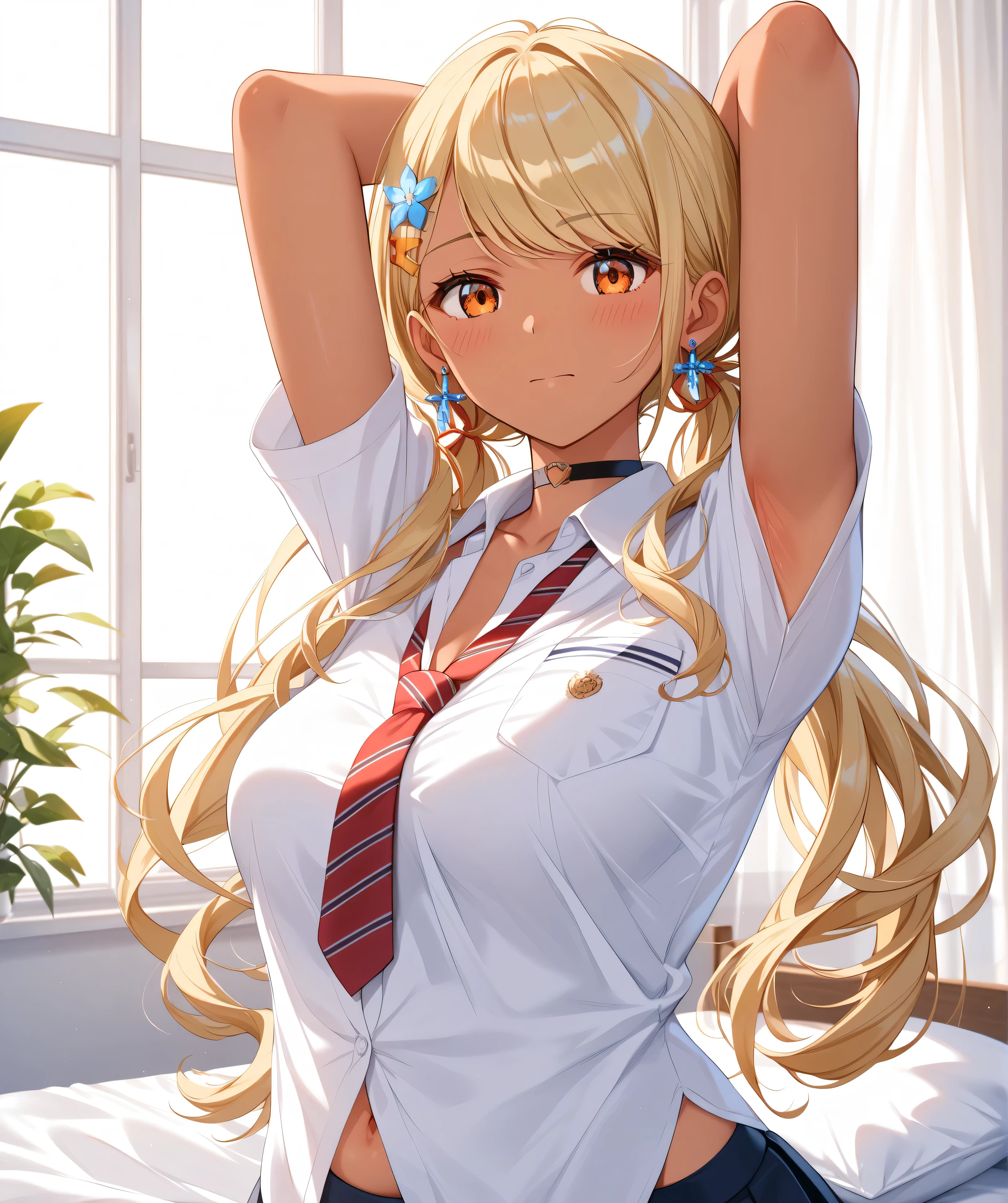 master piece、Best Quality,Super detailed,High resolution,Extremely detailed CG,Unity 8K Wallpaper,weat,score_9, score_8_up, score_7_up, score_6_up, score_5_up, score_4_up, source_anime,QpiOriginal, orange eyes, dark skin, blonde hair, long hair,low twintails, swept bangs, flower hairclip, blue earrings, black choker,school uniform,professional quality、big hip、medium breasts,nsfw,bed room,nsfw,Romanticism、thick thighs,wide hips,NSFW,armpit focus,big butt,Official Art,mature female,perky breasts,embarrassed,athletic female,short sleeves