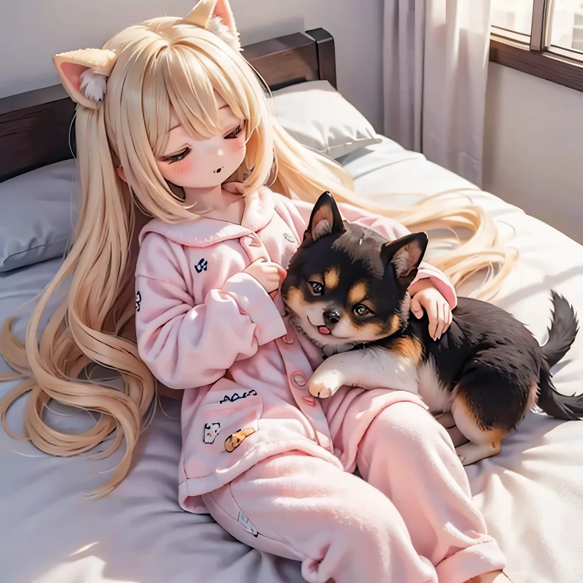 Shiba Inu girl sleeping in chibi pajamas、Girls sleeping in bed